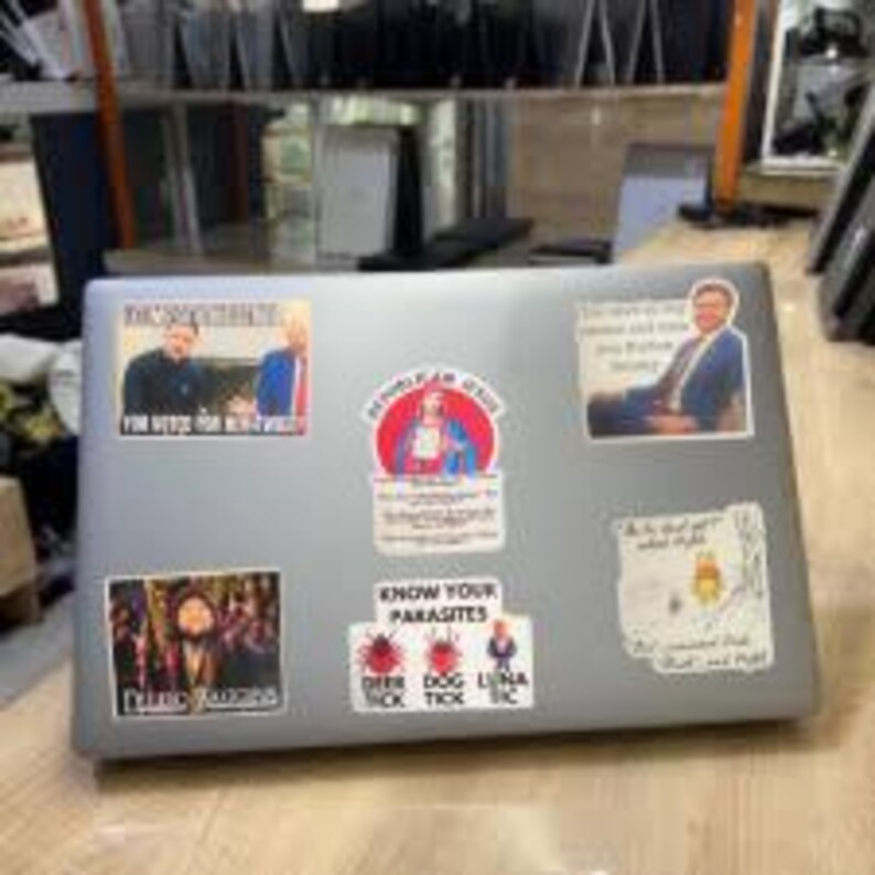 May include: Silver laptop covered in stickers. Stickers include images of people, text that reads "Know Your Parasites", and other graphics. The laptop is on a light wood surface.