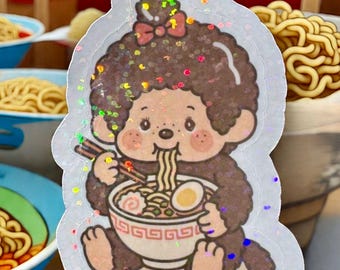 Ramen Monchhichi Sticker, Sparkle Vinyl Decal