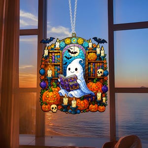 Cute Ghost Reading Book Acrylic Ornament, Bookish Gift for Book Lovers,Halloween Decor,Spooky Bookish Halloween,Ghost Acrylic Window Hanging