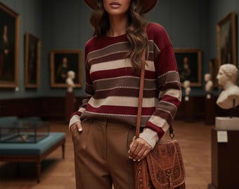 Women's Burgundy Sweater, Knit Pullover, Fashion Finds, Cozy Round Neck, Loose Fit