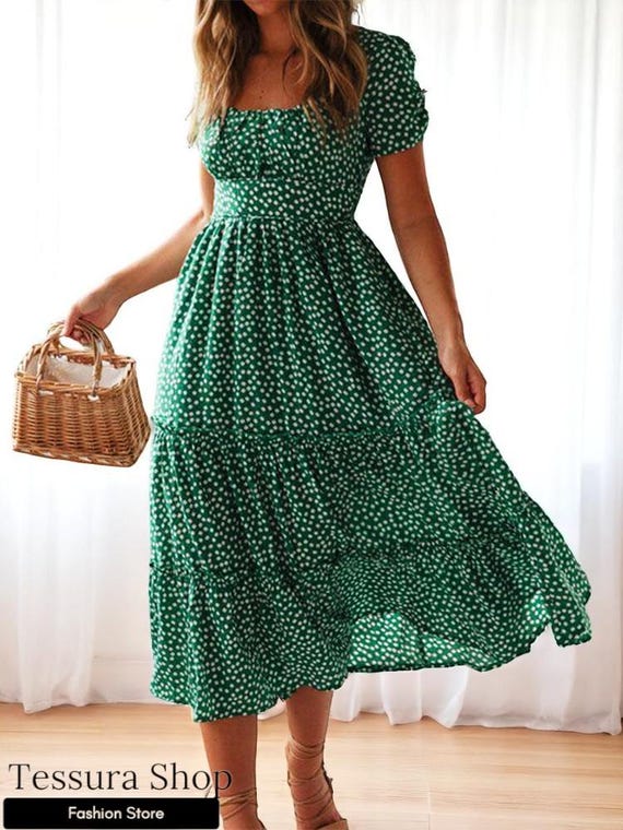 Mint Green Floral Midi Dress, Puff Sleeves, Tiered Skirt Mint Green Floral Midi Dress, Puff Sleeves, Tiered Skirt