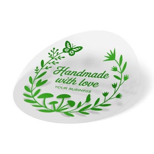 Adesivos "Feitos à mão com amor" da Whimsical Nature, etiquetas transparentes com nome comercial personalizado, selos botânicos de cogumelo borboleta
