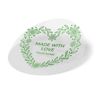Adesivos transparentes personalizados "Feito com amor" - Personalize seu nome com design floral em forma de coração, 3,8 cm para embalagens de pequenas empresas, presentes e lembrancinhas