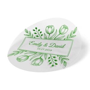 Gepersonaliseerde tulp trouwstickers, aangepaste namen en duidelijke datumlabels, bloemenlijst gunstzegels