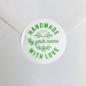 "Personalisierte ""Handmade with Love"" klare Aufkleber, benutzerdefinierte Name Blumenherz Etiketten, botanische Handwerkssiegel."