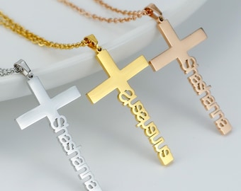 Benutzerdefinierte Name Kreuz Halskette | Personalisierte Vertikale Name Schmuck | Glaube Halskette | Religiöses Geschenk | Gravierter Namenskreuz-Anhänger