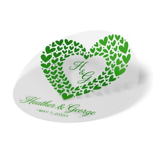 Trouwstickers lieverd, aangepaste initialen en namen, doorzichtige ontwerplabels met meerdere hartjes, gepersonaliseerde datumzegels