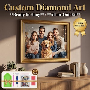 May include: A framed custom diamond art piece featuring a family portrait with a golden retriever. The gold frame surrounds the image, and the text "Custom Diamond Art" is at the top. The kit includes all necessary tools and materials.