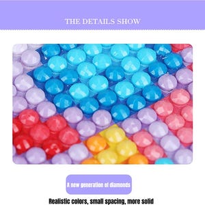Puede incluir: Primer plano de una pintura de diamantes con una variedad de gemas coloridas y facetadas. Las gemas est&aacute;n dispuestas en un patr&oacute;n de cuadr&iacute;cula, mostrando tonos de azul, morado, rojo y amarillo. El texto en la parte superior dice "THE DETAILS SHOW" y en la parte inferior "A new generation of diamonds".