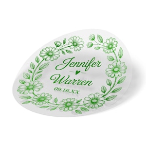 Adesivi personalizzati per matrimoni con ghirlande di margherite, etichette trasparenti con nomi e date personalizzate, sigilli floreali per bomboniere