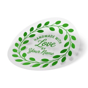 Pegatinas transparentes personalizadas "Hecho a mano con amor", etiquetas de coronas verdes con nombre personalizado, sellos de embalaje artesanales botánicos
