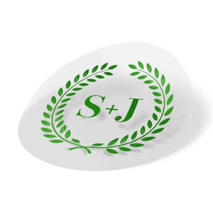 Personalisierte Hochzeits-Monogramm Aufkleber, benutzerdefinierte Initialen klare Etiketten, Lorbeerkranz Gunst Siegel