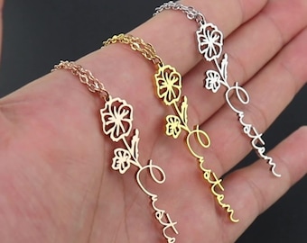 Personalisierte Vertikale Blumen Name Halskette | Gold, Rosegold, Silber