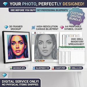 May include: A digital bundle featuring a framed 3D mockup, a high-resolution canvas blueprint, and an A4 printable symbol chart. The image shows a portrait of a woman with blue, purple, and yellow tones. The text reads "Your Photo, Perfectly Designed!"