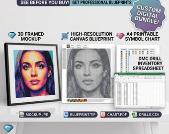 Benutzerdefinierte Diamant Malerei Muster Digitaler Download, DIY Diamant Kunst Blaupause, Foto auf Leinwand PDF, DMC Bohrer Bestandstabelle, 3D Mockup
