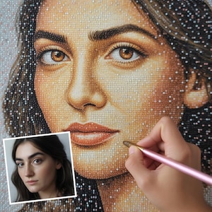 May include: Close-up of a mosaic portrait of a woman with brown eyes and hair, created with small, sparkling embellishments. A hand holds a pink and gold tool, adding details to the artwork. A smaller image of the woman is in the lower left corner.