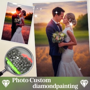 May include: A diamond painting featuring a couple embracing at sunset. The bride wears a white wedding dress and holds a bouquet. The groom is in a navy suit. The image includes a close-up of the diamond painting materials.