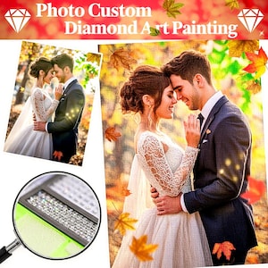 May include: A diamond art painting featuring a couple embracing, with autumn leaves in the background. The image includes a close-up of the diamond art detail and the text "Photo Custom Diamond Art Painting". The couple is dressed in wedding attire.
