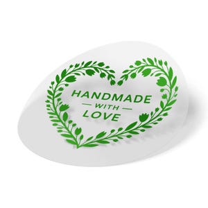 Doorzichtige stickers Handmade with Love, bloemen hartkranslabels, botanische ambachtelijke zegels, ronde productlabels