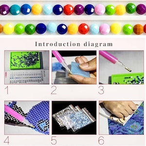 Puede incluir: Filas de gemas de pintura de diamantes de colores, incluyendo morado, azul, amarillo y rojo. La imagen tambi&eacute;n muestra una gu&iacute;a paso a paso con herramientas como un bol&iacute;grafo, una bandeja y adhesivo, demostrando el proceso de pintura con diamantes.