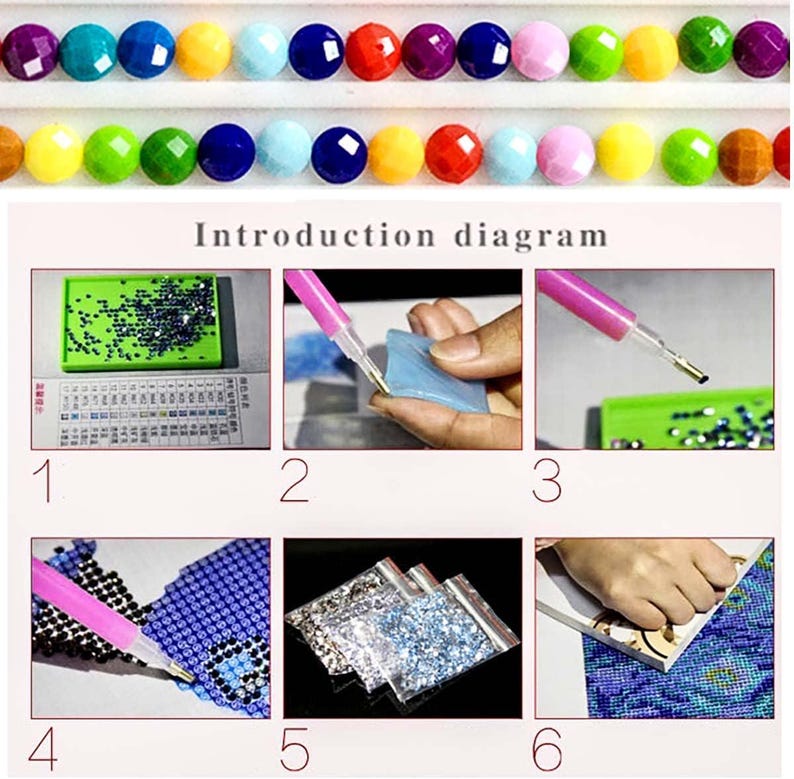 Puede incluir: Filas de gemas de pintura de diamantes de colores, incluyendo morado, azul, amarillo y rojo. La imagen tambi&eacute;n muestra una gu&iacute;a paso a paso con herramientas como un bol&iacute;grafo, una bandeja y adhesivo, demostrando el proceso de pintura con diamantes.