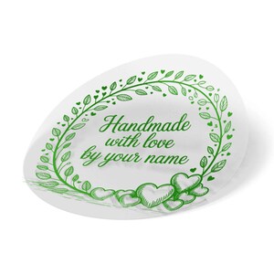 Pegatinas personalizadas "Hecho a mano con amor" - Corona transparente de hojas y corazones - Etiquetas personalizadas con nombre