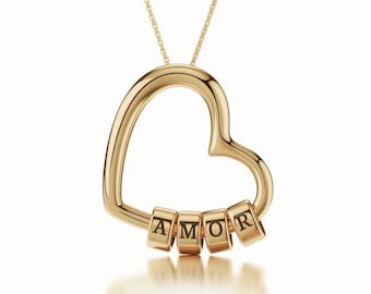 Personalisierte Herz Halskette mit Namen Beads, Edelstahl Familien Schmuck
