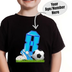 Personalisiertes Fußball-T-Shirt, benutzerdefiniertes Alter / Nummer-T-Shirt, Fußball-T-Shirt, Kinder Geschenk T-Shirt, Fußballspieler-T-Shirt, Unisex Geschenk-T-Shirt