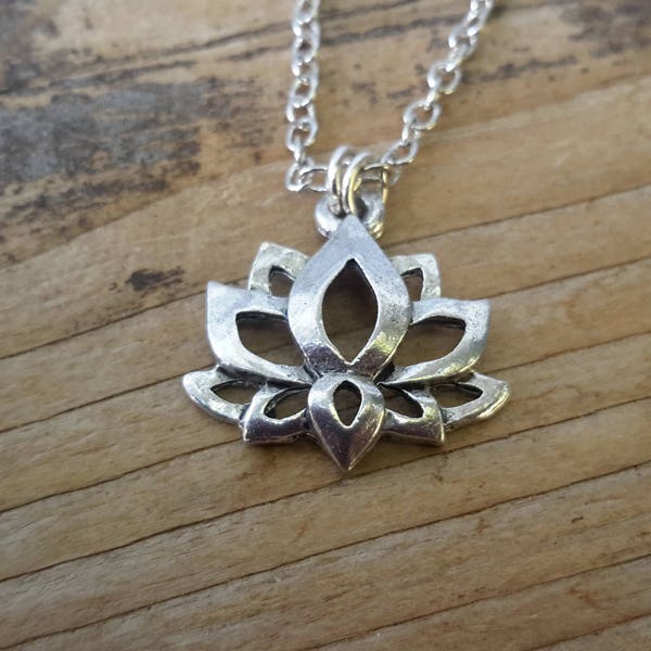 Lotus Flower Necklace | Antique Silver Water Lily Pendant | Small Sacred Lotus on Silver Chain