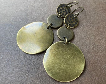 Bronze Layered Coin Dangles | Antique Golden Brass Dropped Disc Earrings | Vintage Look Round Greek Charms