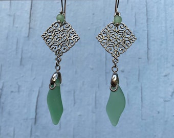 Seafoam Seaglass & Silver Diamond Dangles | Pale Green Faux Sea Glass Wavy Drops Stainless Steel Hooks