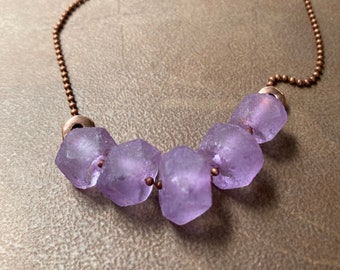 Lavender Glass Necklace | Frosted Light Purple Recycled Glass Beads on Antique Copper Chain