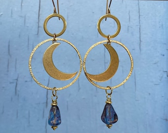 Long Gold Moon & Blue Glass Dangles | Layered Golden Brass Boho Circles Crescent with Czech Teardrop