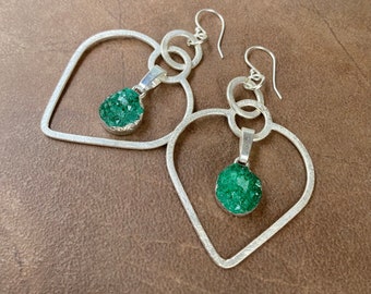 Long Emerald Druzy & Brushed Metal Heart Shaped Dangles on Sterling Silver Hooks