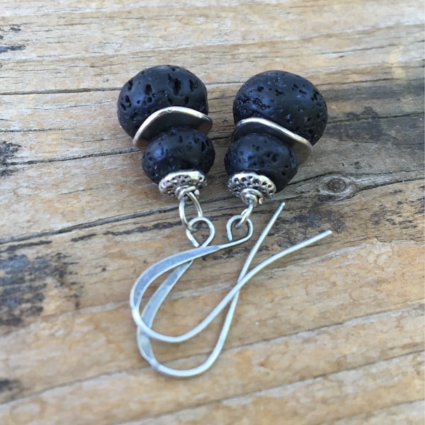 Diffuser Earrings | Stacked Black Lava Rock Dangles | Aromatherapy Cairn Drops for Essential Oil Diffusing EO Silver Wires