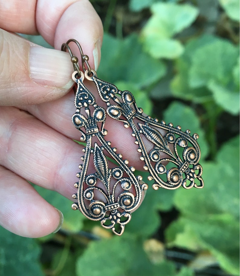 Long Copper Earrings Etruscan Curvy Feminine Plain Filigree Dangles Two Inches Victorian