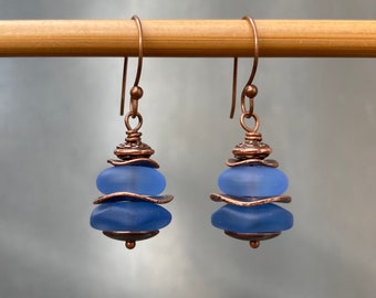 Copper & Blue Glass Drops | Light Sapphire Recycled Faux Sea Glass Stacked Dangles