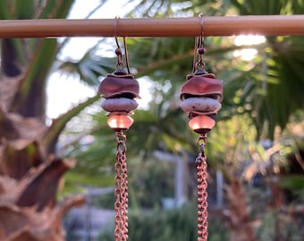 Aubergine Recycled Glass & Copper Chain  Dangles | Unique Smoky Purple Antique Copper Boho Duster Earrings Upcycled Materials