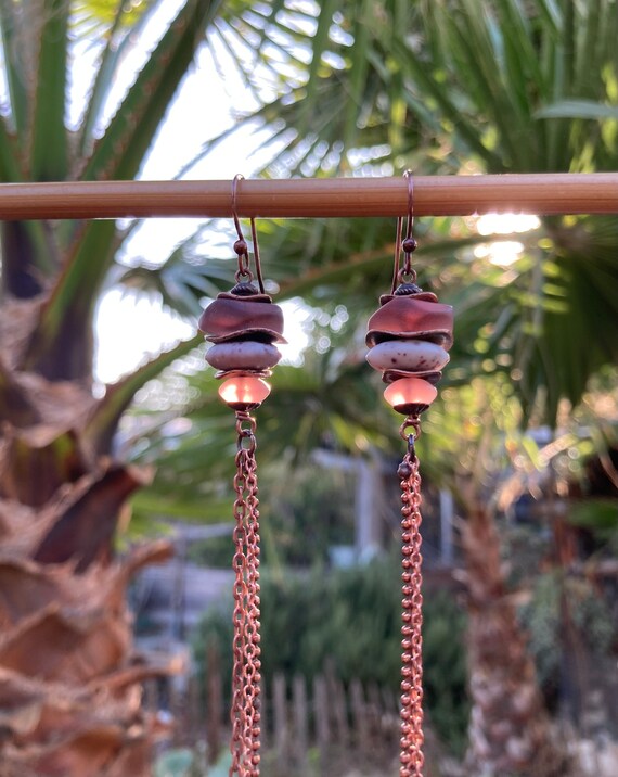 Aubergine Recycled Glass & Copper Chain  Dangles | Unique Smoky Purple Antique Copper Boho Duster Earrings Upcycled Materials