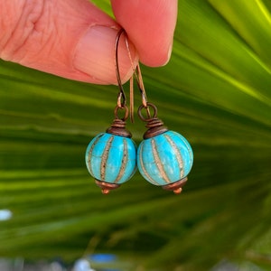 Copper & Turquoise Howlite Melon Drops | Aqua Magnesite Dropped Ball Dangle |  Mini Dangly Ball Everyday Jewelry