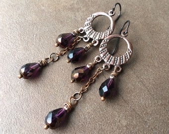 Copper Hoop & Purple Sparkling Teardop Chandelier Earrings | Long Exotic Bohemian Rounds with Dangly Glass Drops