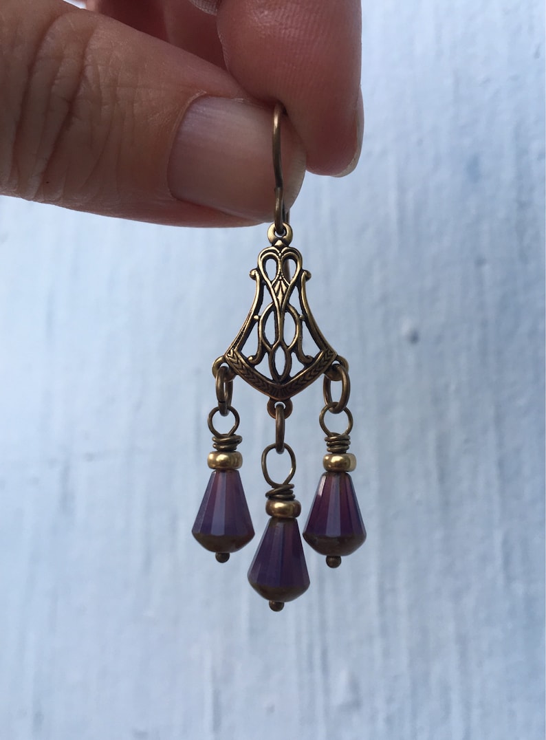 Brass /& Purple Glass Chandelier Earrings Antique Golden Brass Dangle Earrings sith Czecj Glass Teardrops Timeless Vintage Look