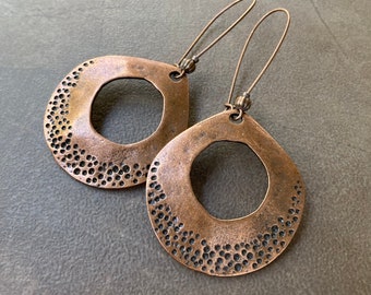 Rustic Boho Copper Hoops | Wide Open Round Antique Boho Long Dropped Dangles on Kidney Earwire