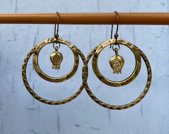 Rustic Antique Gold Hoop & Pomegranate Earrings | Bronze Ring Hammered Texture Nestled Hoops Floral Bud Boho Dangles
