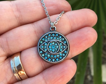 Blue Rhinestone Evil Eye Necklace | Pave Style Aqua Blue Crystal Evil Eye in Round Stainless Steel Setting on Silver Chain