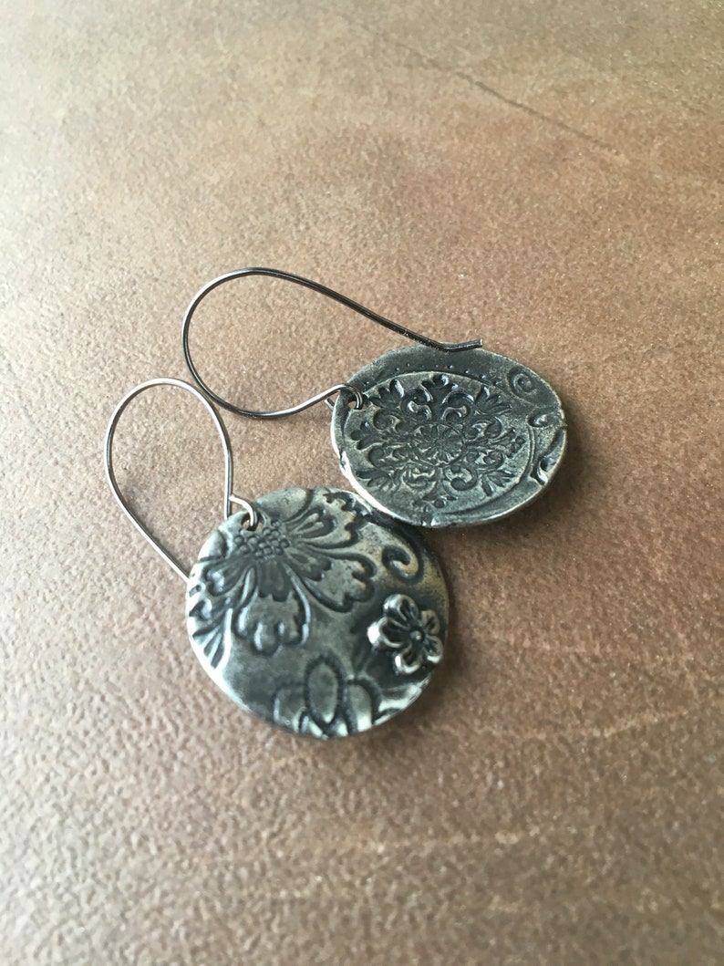 Bronze Disc Earrings Round Antique Floral Textured Quarter Etsy