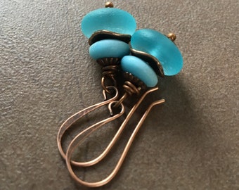 Petite Copper & Aqua Seaglass Dangles | Small Stacked Style Two Tone Light Sky Blue Recycled Glass Earrings