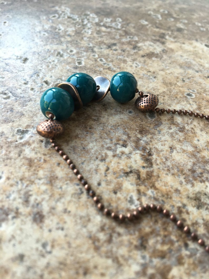Blue \u201cCaribbean\u201d Artisan Ceramic Fair Trade Clay Beads Made In Cambodia Strung on Antique Ball Chain Ceramic Teal /& Copper Necklace