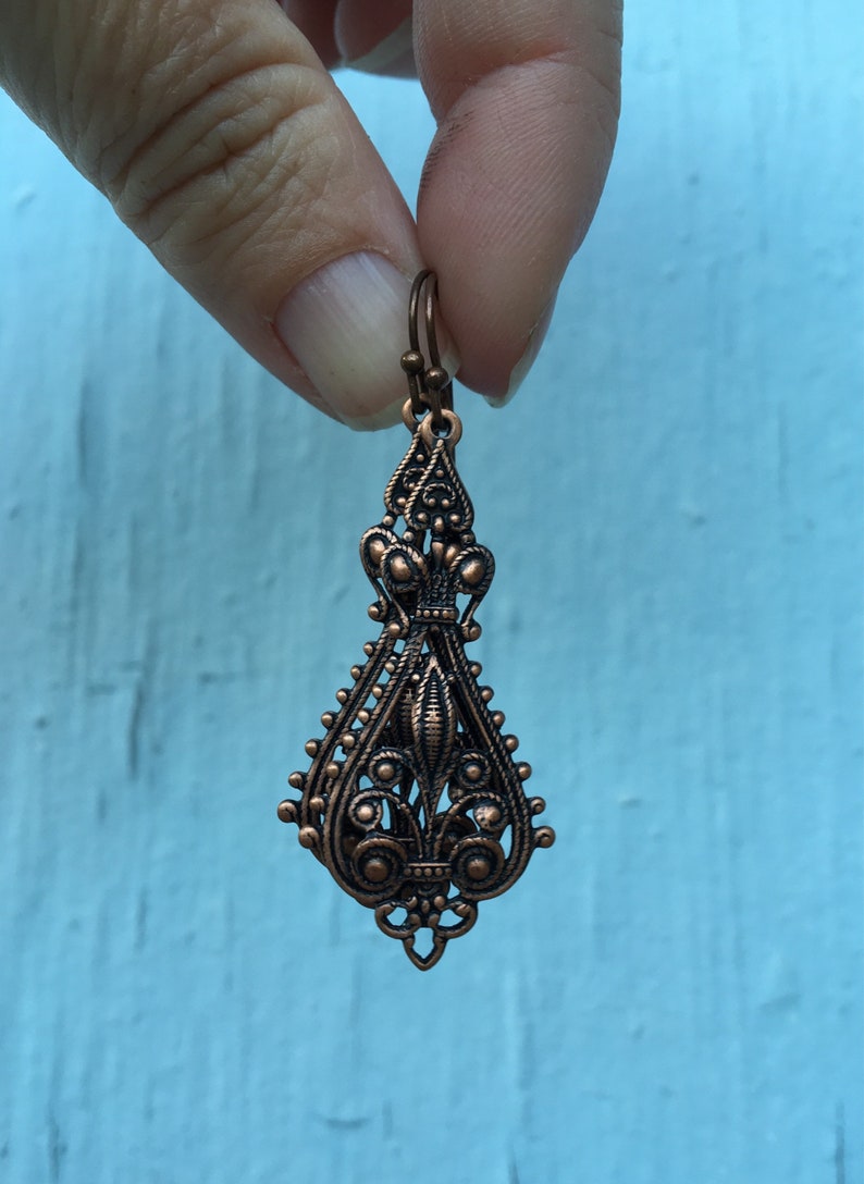 Long Copper Earrings Etruscan Curvy Feminine Plain Filigree Dangles Two Inches Victorian