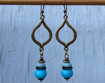 Bronze & Blue Curvy Moroccan Style Marquis Horse Eye Boho Earring with 2 Tone Powder Blue and Bright Cornflower Glass Stacked Dangle
